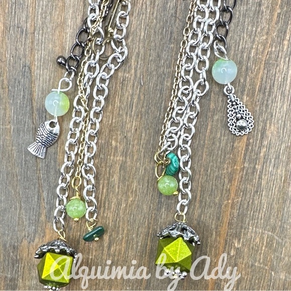 Peridot fringe extra long statement charms tassel hoop earrings gunmetal fringe - Picture 3 of 8